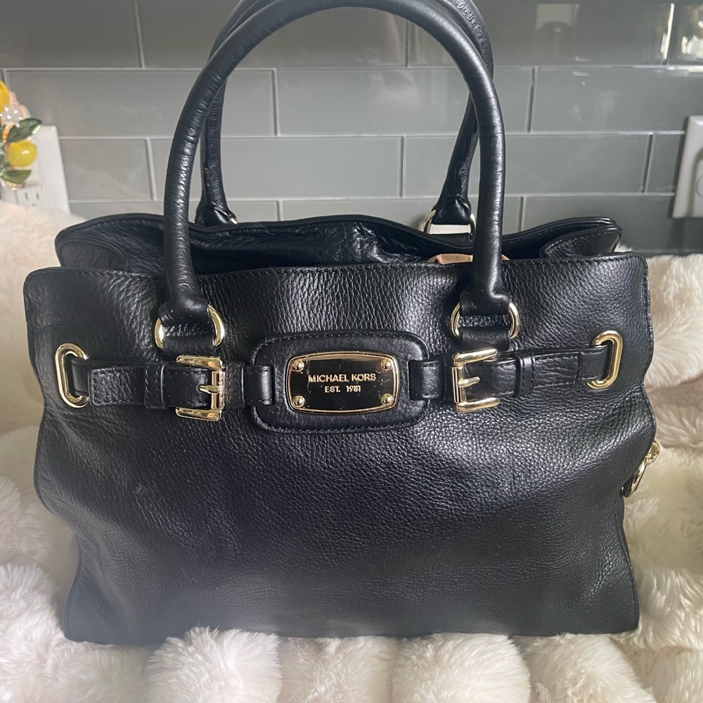 Michael Kors Black Leather Satchel with Gold Accents